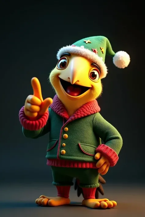  Create an animation of a toucan with human characteristics ,  with green Christmas hat and Christmas style clothing, And with the finger of like in the forward direction , with characteristics of a toucan 