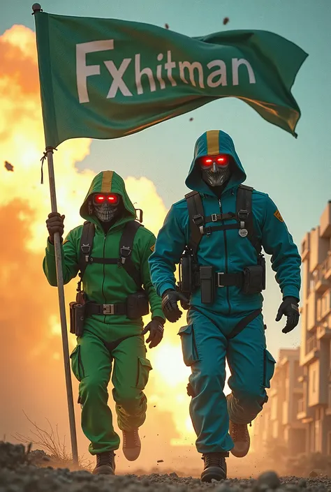 Cyberpunk Hitmen enlightened agent wearing green and resistance agent wearing blue, explosion background, running, holding giant flag that says Fxhitman