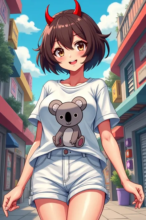 Creer moi un dessin style manga, a la facon de Arcane, dune fille brune avec les cheveux courts. Elle a un short blanc et un teeshirt avec un koala dessus. Et elle a des crones de diable sur la tete 