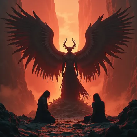 "A desolate and fiery underworld where the fallen angels now reside, with Lucifer at the center, his wings fully transformed into dark and jagged forms. He stands on a throne made of twisted obsidian, surrounded by a haunting glow of red and orange, with o...