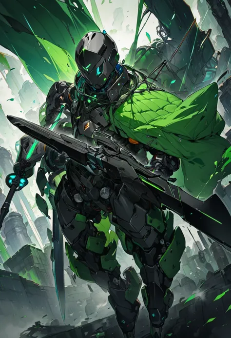 a swordsman android, carrying a cursed black sword, his robotic parts are green, black eyes, wearing a green cloak, high definition 8k, ultra definition 4k.