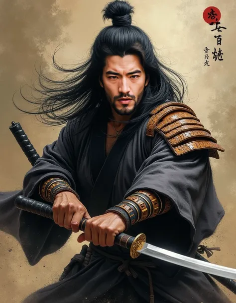 man, Asian, 40 years old, long black hair , samurai, warrior with katana in hand, drawing in Japanese style High Resolution, Masterpiece, Accurate, High Detail, High Quality, Textured Skin