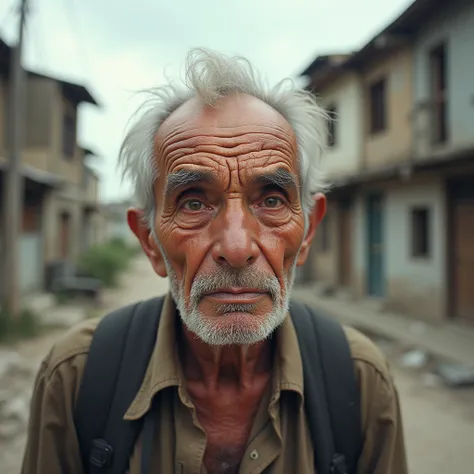 Create a watercolor style image, close-up 4K. The image in society has both lucky people with wealth and happiness, but some people are miserable and pitiful. The image of an old man with an unwell appearance, looking at the camera with depressed eyes. The...