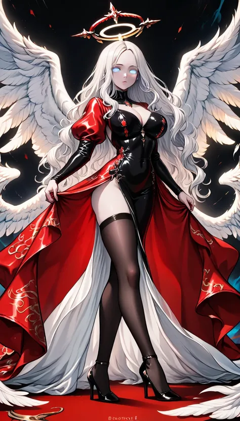 score_9, score_8_up, score_7_up, score_6_up, score_5_up, score_4_up, a picture of magnificent  female angel, busty long hair, dynamic hair color, long hair, wavy hair, shining blue eyes, white wings, wearing intricate elegant (red leather dress: 1.3), wear...