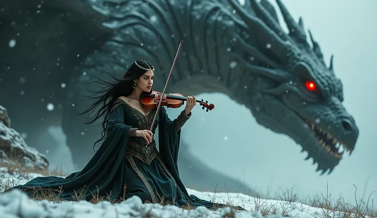 (photorealism: 1.2),  a beautiful woman with long wavy black hair and green eyes is screaming,  sensual look at the viewer .  She is kneeling and playing a violin  . She wears queen clothes because she is the queen of the mystical beasts . And a dragon beh...