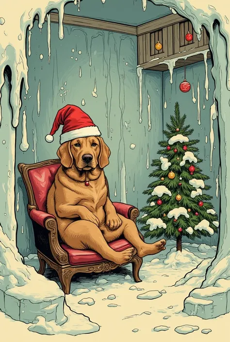 "this is fine" meme but with christmas theme, the room is frozen in ice, a dog in a christmas hat sitting on a chair, christmas tree, vintage comic style