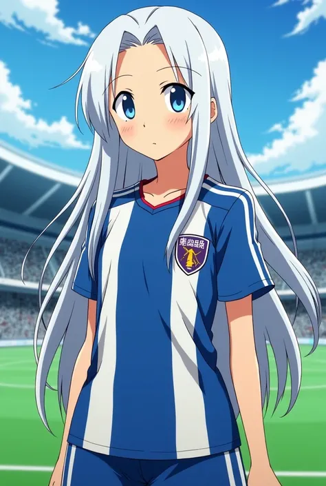 girl, Japanese anime, Long hair, blue eyes, white hair, raimon, raimon soccer uniform, Inazuma eleven