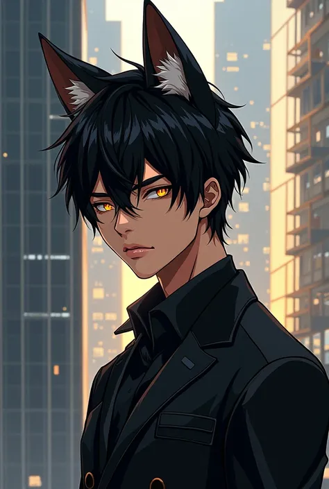 A handsome half-human, half-dog manhwa character. He has tanned skin, black hair, golden eyes, and pointed dog ears. The background is a corporate buildings glass window