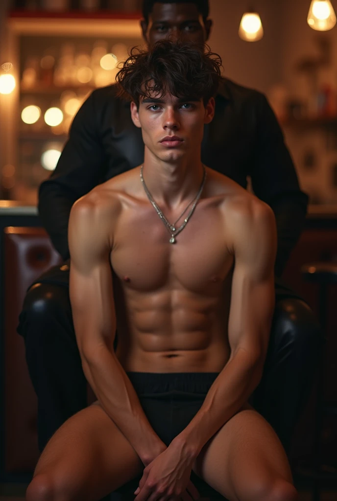 handsome 18 years naked muscled male model, kneels, black gangster stands behind him, front view, in gay bar, nude,  legs open, tight ass, tight ass, legs open, tight ass,  hairless, no facial hair, messy wavy dark hair, blue eyes, thick lips, muscled mode...