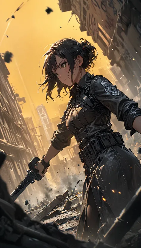  wallpaper 4k ,yellow background,1 girl, graffiti style image,forced angle ,dynamic, Battlefield, Special Agent 