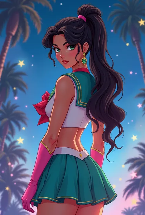  A girl with tanned skin ,  emerald brown eyes ,  dark hair wavy in layers and long,  pronounced bust, wide hips, tender face , 1.69 tall ,   beautiful Venezuelan ,  not perfect nose , Wear pink clothes like a girl RiquillaSailor Moon style , appearance:  ...