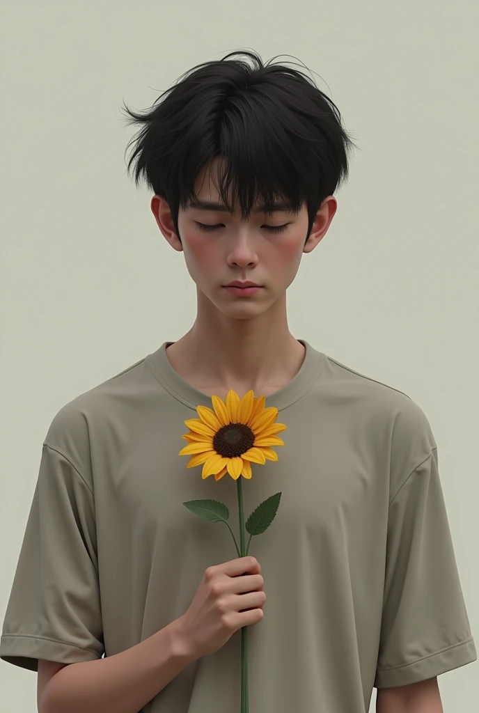 sad boy holding sunflower and he holding only one hand. he wear T shirt front side realistic