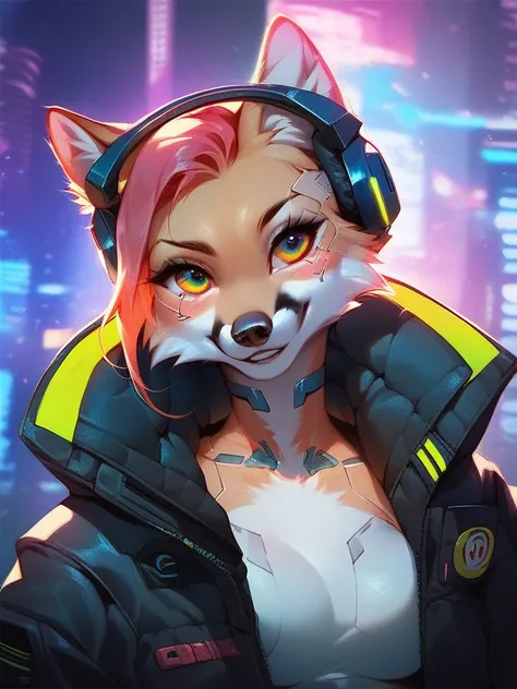 ((Head Shot)), Cyberpunk, cyberpunk city, ((score_9, score_8, score_7)), (highly detailed), detailed background, anthro, beautiful eyes, ((Expressiveh)), female, fox unique colors, headphones, black jacket