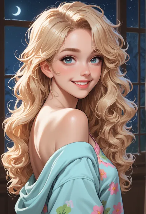 1girl, happy expression, pastel colores pajama topped crop, BLONDE HAIR, curly hair, bule eyes,looking at viewer, livingroom back. (Slim Body), portrait. (NIGHT:1.4)