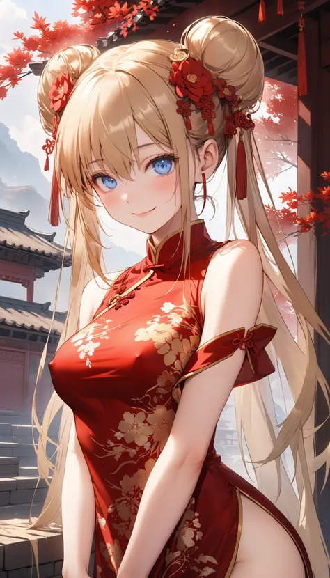 (nsfw:1.8), 1girl, solo, long hair, looking at viewer, blush, smile, closed mouth, hair ornament, hair between eyes, bare shoulders, medium breasts, blue eyes, golden hair, hair ribbon, sidelocks, :d, detached sleeves, hair flower, hair bun, sleeveless dre...