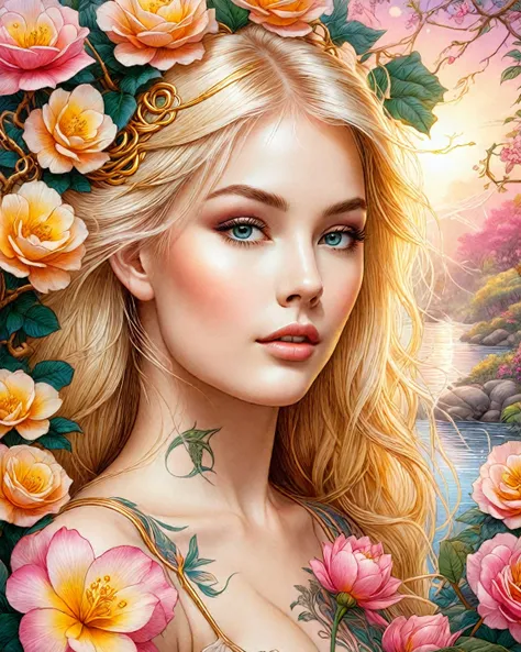  Imagine a magical scene in the Garden of Eden featuring a wonderfully beautiful young woman ,  with long blond hair that flows like a river of gold .  His bearing is elegant ,  with an expression of trust and serenity that captivates those who observe it ...