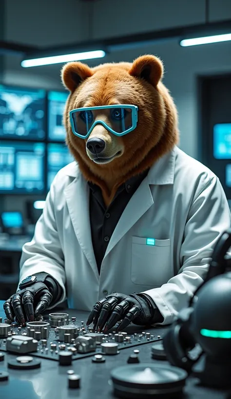 "Create an ultra-realistic, 8k quality image of a hybrid brown bear-human scientist in a high-tech laboratory, constructing an AI-controlled robot. The scientist has a human body with the head of a brown bear, strong features, and a determined expression. ...