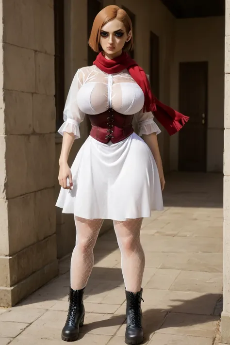 Choso from Jujutsu Kaisen, Choso as a renaissance woman, white sheer see-through top, burgundy corset, burgundy scarf, white dress, choso makeup, double slit skirt, fishnet tights, combat boots, huge natural breasts, NSFW, no underwear 