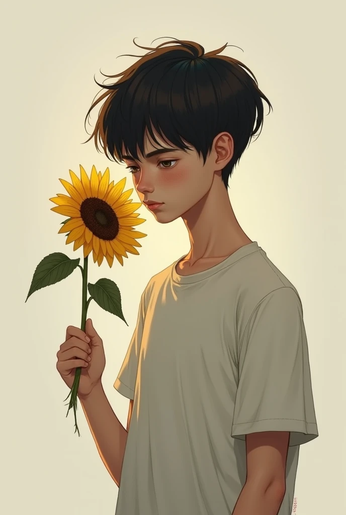 sad boy holding sunflower and he holding only one hand. he wear T shirt front side 