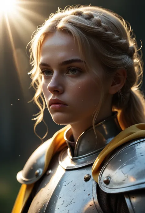 portrait of a female knight, age 20,  dark armor, wet blond hair, intense expression, lens flare, dimly lit medieval setting, tattered yellow cape, dramatic lighting, serious, gritty, epic, high contrast, fantasy, close-up, cinematic tone, dark atmosphere,...