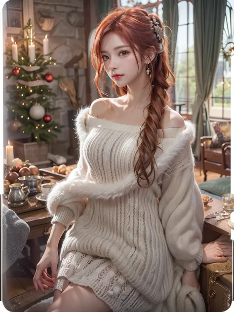 ( Masterpiece,  Best Detailed Textures ,8K resolution, top quality :1.4),  high definition,  Cinematic Lighting ,( realistic face),A beautiful face you rarely see , Viewers Attractive Eyes , beautiful charming expression ,((Smooth, straight, red hair ,Mess...