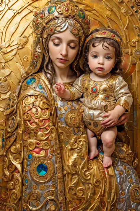   holy family,  ornate gold details ,  patterns inspired by Klimt ,  intricate floral borders ,  jewel-tone accents , halos,  Renaissance realism ,  Art Nouveau elements ,  San José , Mary and Baby Jesus , rich textures, golden tones,  silver and metallic ...