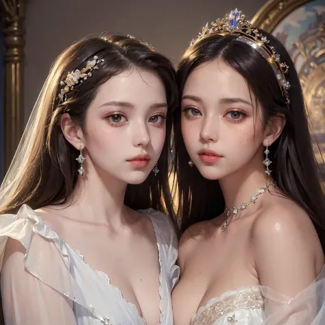 (masterpiece, highest quality, official art, beauty and aesthetic:1.5), two gorgeous and stunning dark-skinned or pale-skinned young girls are deeply in love with each other, close-up of kiss, perfect make-up, romantic atmosphere