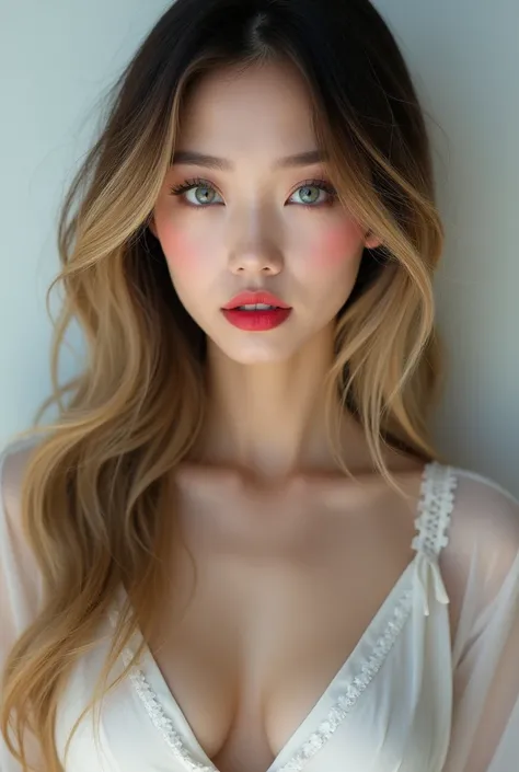 An adorable and Beautiful Prostitute asian girl, long blonde black hair, blue hazel eyes, with eyeshadow, curled eyelashes, natural thick eyebrows, light natural make up, thin lips with red lipstick, thin pink blush, wearing a white kebaya. professional ph...