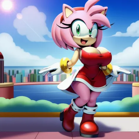 (masterpiece best quality:1.2), amy rose, 1girl, looking at viewer, smile, short hair, open mouth, gloves, dress, full body, hairband, boots, sleeveless, skin tone arms, white gloves, sleeveless dress, red dress, happy, red footwear, furry, furry female, r...