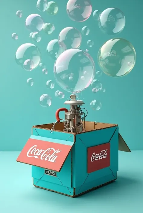 cardboard box in turquoise and blue colors containing a machine that makes advertising bubbles for the Coca-Cola brand 