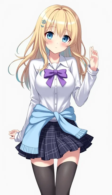  The anime girl has a youthful appearance and energetic ,  with a distinctive style that combines traditional and modern elements .  She wears a school uniform consisting of a fitted white blouse with a lavender bow on the chest and a short plaid skirt in ...