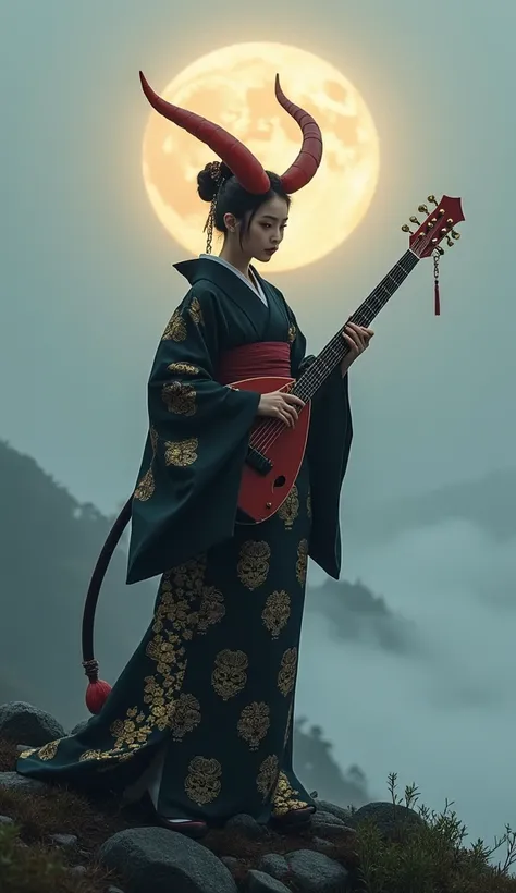 On a foggy mountain, the daughter of the red devil is standing wearing a black kimono with a gold pattern and holding a shamisen in the guise of an Onmyoji　 full moon　Personification