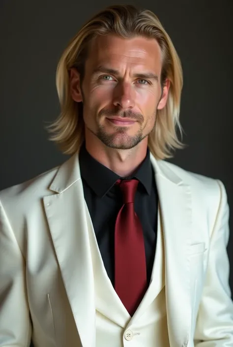 27 year old Australian man, medium long light blonde hair, right side of face slightly burned, wearing a pearly white suit, under the jacket of the anoito he wears a black button-up shirt and a red tie,potrait