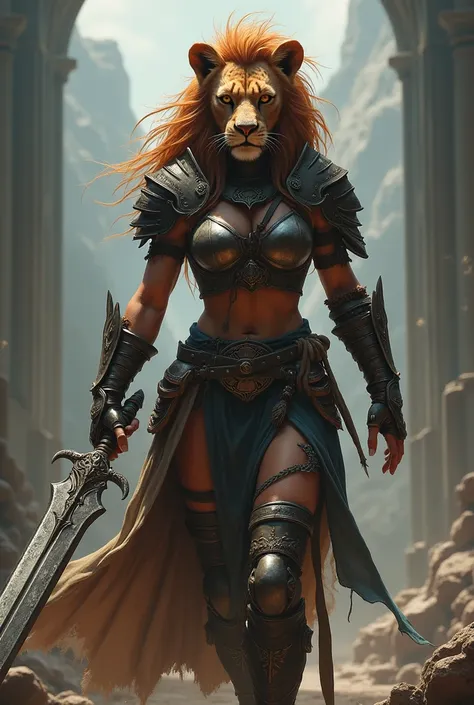 A furious female fighter and warrior with furious lion head and a weapon