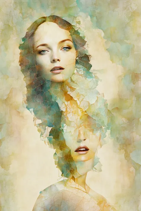 A beautiful woman, double exposure, surreal artwork, printed on cracked paper, artful, aesthetic, muted colour scheme, unusual, vintage feel
