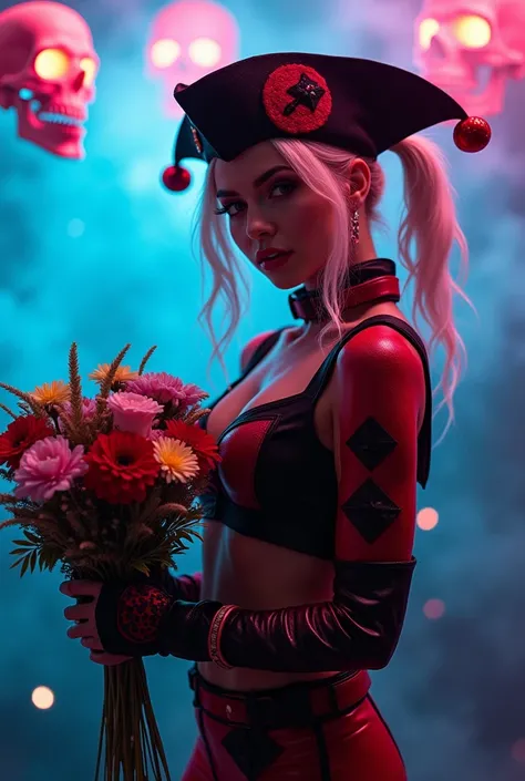 Une femme Harley queen avec un bouquet de fleurs avec un tricorne et en arrière plan des crane fluo qui flotte dans la fumé 