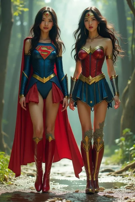  live-action、   2 cute Japanese superheroines    、   supergirl on the right    、    on the left   、  smile、    muscular、      cute Japanese supergirl in her 20s  、(Supergirls feet have become stones  :1.5)、 (   unrealistic)、(    perfect costume for supergi...