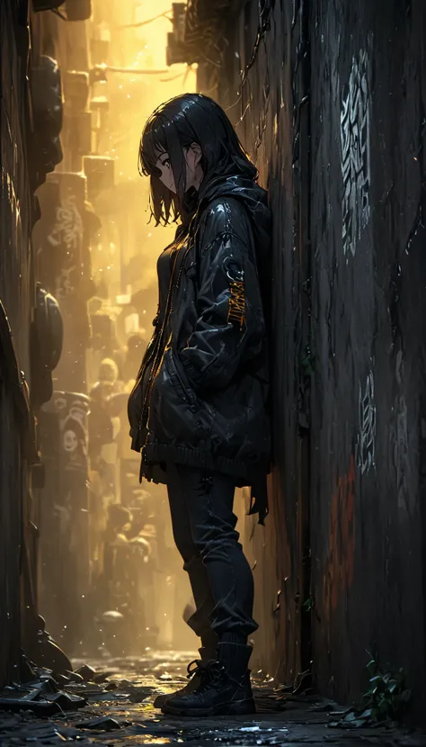  wallpaper 4k ,yellow background,1 girl, graffiti style image,forced angle , alleys,1 beats 