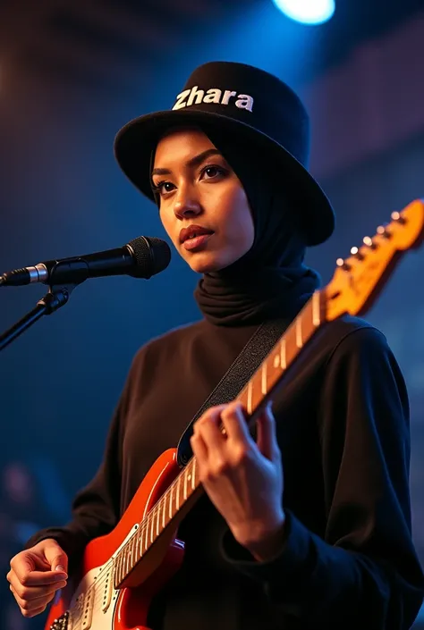 Photo of a beautiful 20 year old Indonesian woman playing rock guitar on stage, wearing a black hijab, with the words "ZHARA" written in hat, taken with an anamorphic lens for National Geographic magazine, the background is very realistic.




