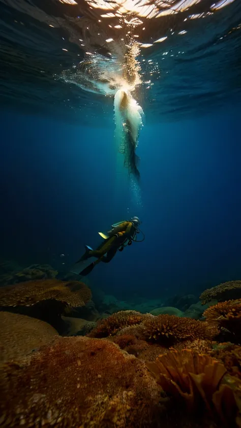 Script: The Diver’s Encounter

A hyper-realistic video shows a diver deep underwater, his flashlight cutting through the murky depths. The water moves dynamically, with shimmering fish darting in synchronized arcs and strands of kelp swaying gently in the ...