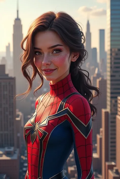 Spiderman borns as a girl and now is pearl parker, a beautiful brunette with freckles and a curvy but fit body