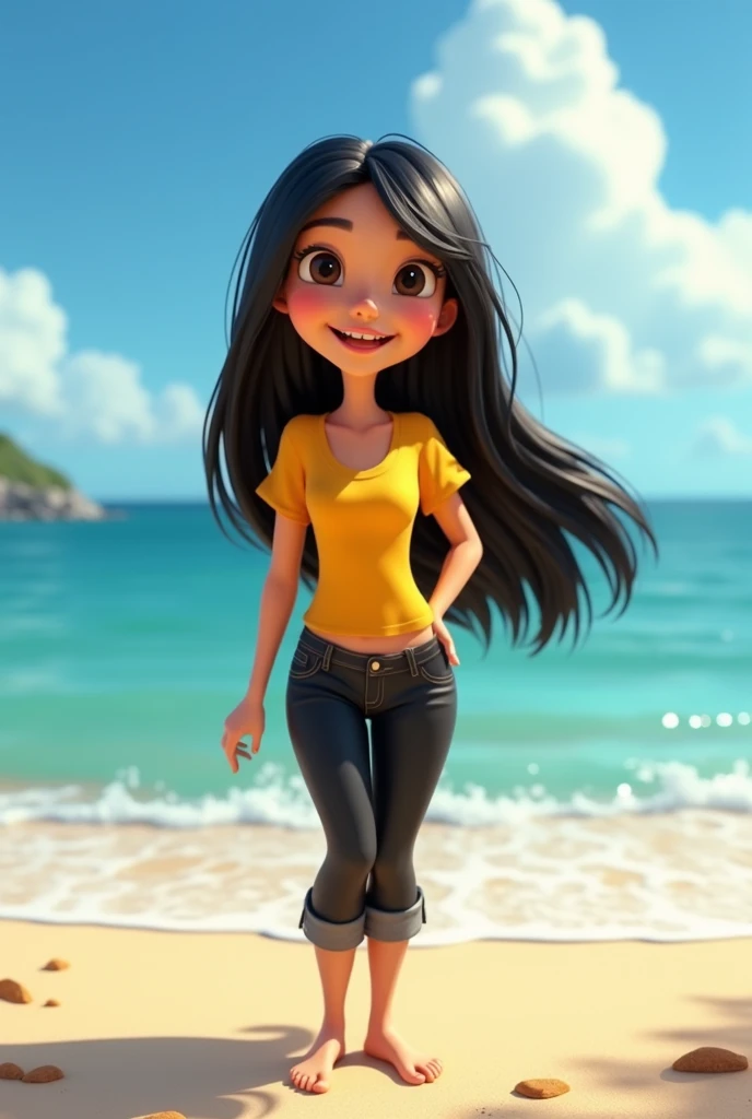  3d Disney Pixar cartoon. Round face woman. happy and smiling. hair down to the floor.  black hair. straight hair.  yellow shirt ,  black jeans . Are you wearing shoes next to the beach