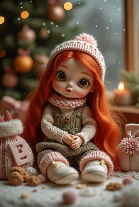  Beautiful Christmas background with BIBIS letters , Next to a little red-haired doll long hair , some booties with bags on a biker side