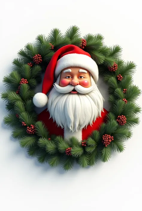 SANTA CLAUS HALF BODY IN THE CENTER OF A CIRCULAR PINE GARLAND CENTERED ON A WHITE PAGE