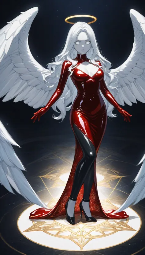 score_9, score_8_up, score_7_up, score_6_up, score_5_up, score_4_up, a picture of magnificent  female angel, busty long hair, dynamic hair color, long hair, wavy hair, shining blue eyes, white wings, wearing intricate elegant (red leather dress: 1.3), wear...