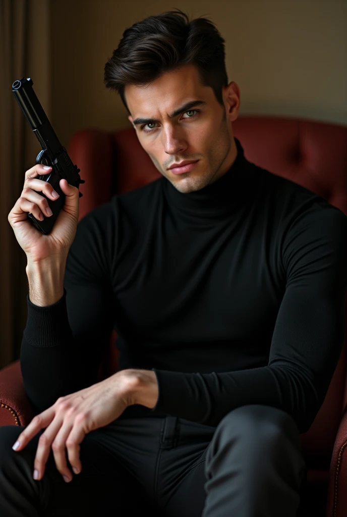  handsome and young American man , tall short black-haired ,  wearing a black turtleneck shirt, defined and sexy body. sitting in the armchair,  Holding a pistol 