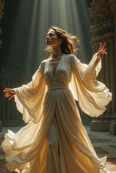  create a beautiful image of adoring God with Dance,  A Young Woman with sublime robes , And descend ,   very woven in the color light blue ,  crying,  prostrated to the floor ,  doing a dance movement  #realistic #deep #article