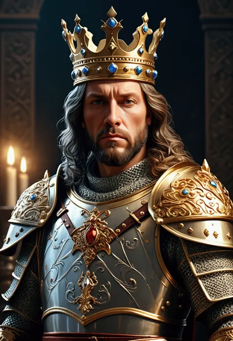 A noble king in medieval armor, holding the legendary sword Excalibur, with an ornate crown upon his head, detailed portrait, realistic, cinematic lighting, epic, grandiose, muted colors, dramatic shadows, digital painting, highly detailed, intricate ornat...