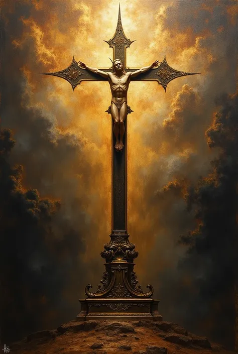 Have the cross have sharp ends like a star, and please make it into an oil painting 