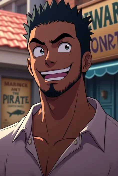  Create an animated image referring to one piece where the main character is my boyfriend, the physical features are a dark man, not black, with lenses, marked eyebrows, a marked jaw, he has notorious fangs, lips that are not thick, purple, smiling, he has...